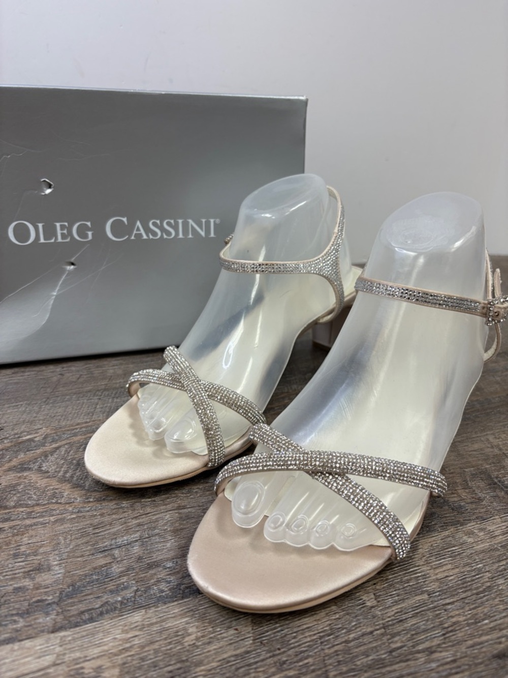 Oleg Cassini Lynda Champagne Rhinestone Heel Sandals Size 10 Formal Evening